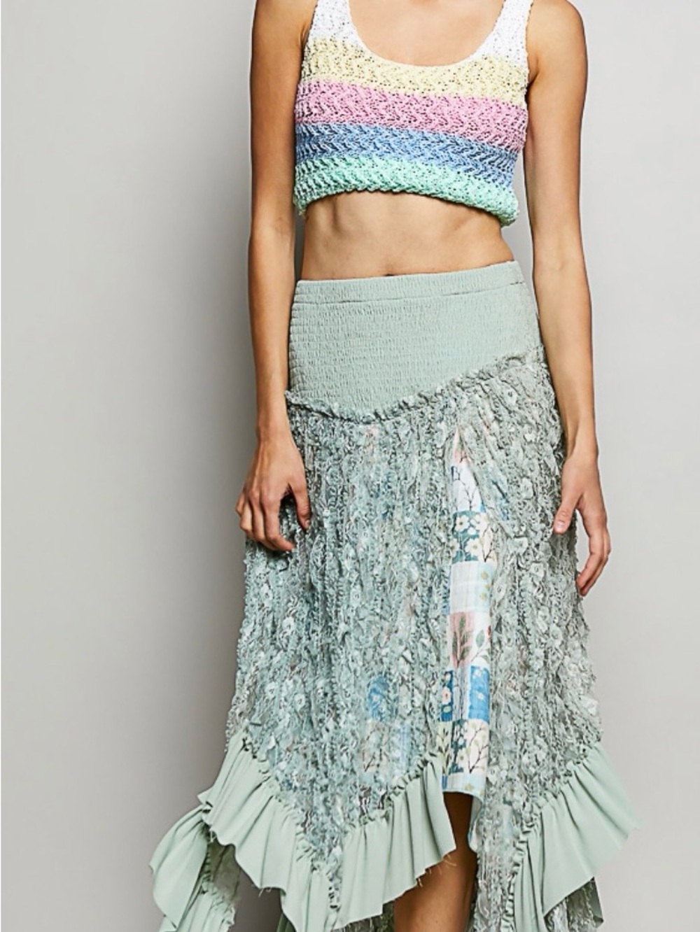 Light blue Textured Ruffle Midi Skirt